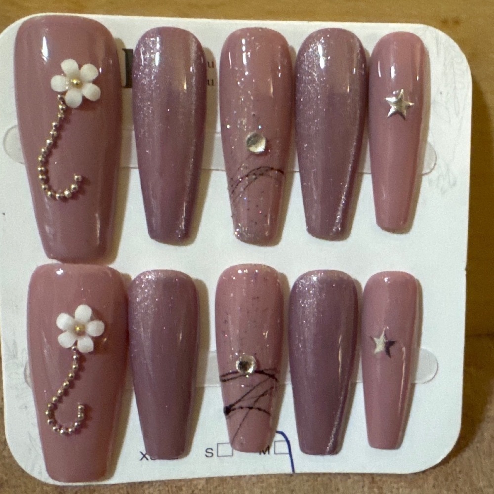 Mauve Pink Press On Nails Coffin 3D Flower Star Glitter Rhinestone 10pc Set M